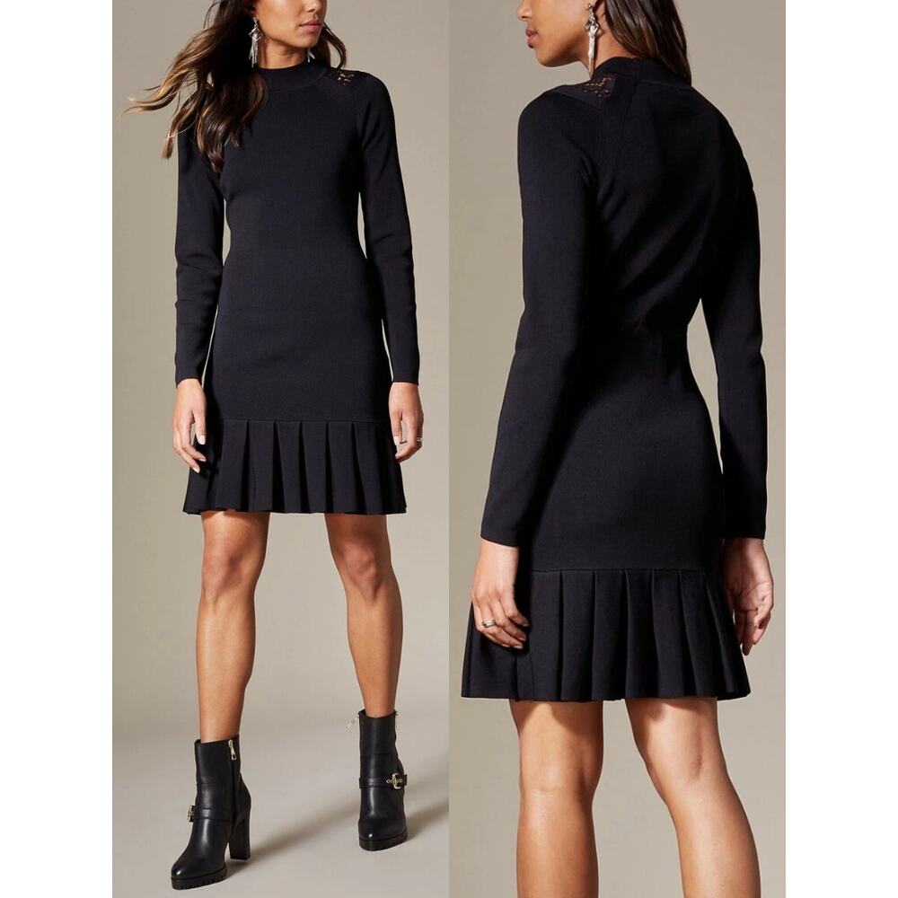 KAREN MILLEN Lace Insert Pleated Hem Bodycon Dress In Black Size 0